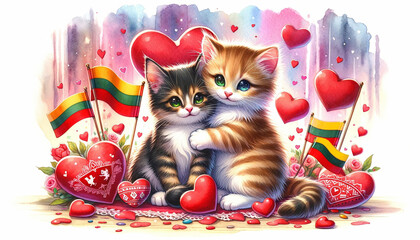A beautiful watercolor concept illustration for Valentine's Day, featuring a cute couple of kittens with a Lithuanian theme 01