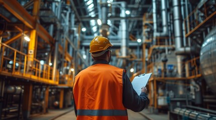 Industrial engineer with clipboard controlling factory facility