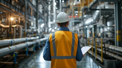 Fototapeta premium Industrial engineer with clipboard controlling factory facility