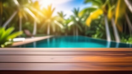Fototapeta na wymiar Empty wooden table top on a blurred background of palm trees and pool. A place to advertise a product. Generated AI