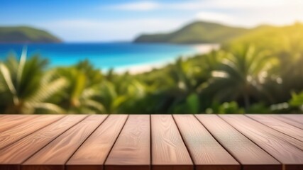 Fototapeta na wymiar Empty wooden table top on a blurred background of palm trees and ocean. A place to advertise a product. Generated AI