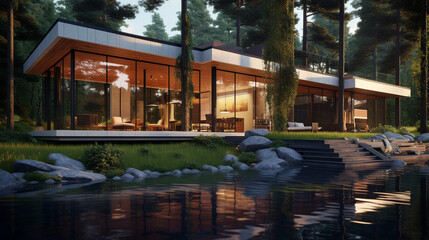 luxury home exterior design, contemporary style house architecture, modern home at lake