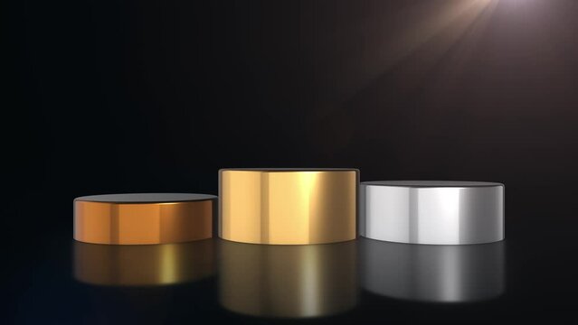 Podium of champions, podium for winners, first gold place, second silver, third bronze. Award stage, on a black background with a reflective floor. Prizes, top three first. Cylindrical podums. Winners