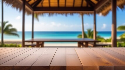 Empty wooden table top on a blurred background of palm trees and ocean. A place to advertise a product. Generated AI