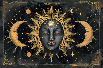 Celestial Magic: A Vintage Astrology Illustration with Sun, Moon, and Alchemical Symbols on Black and Gold Background