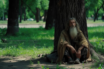 Homeless beggar sitting on ground in city park