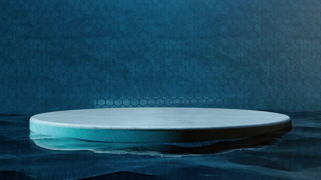 Stone podium on blue water glass background. Concept of shop product or cosmetic display stands, skincare and medicine advertisement mock up. 3d empty pedestal. Presentation commercial product display