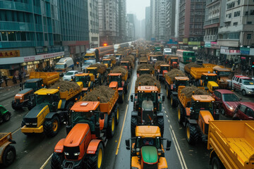 Fototapeta na wymiar Many tractors blocked city streets and caused traffic jams in city. Agricultural workers protesting against tax increases