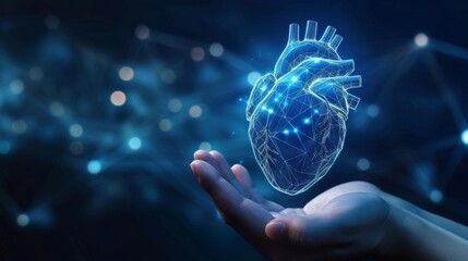 Hand holding virtual hologram heart shape with cardiogram  - obrazy, fototapety, plakaty