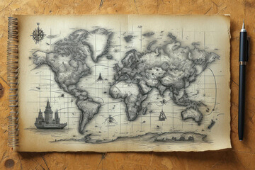 Vintage Abstract Map of the Earth Drawn in Pencil extreme closeup. Generative AI