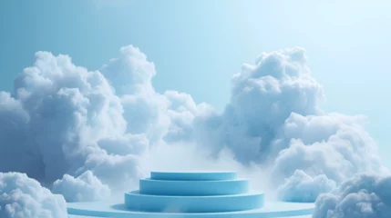 Poster Cloud background podium blue 3d product sky white display platform render abstract stage pastel scene. Podium stand light minimal cloud background studio dreamy pedestal backdrop, generative ai © Chaman