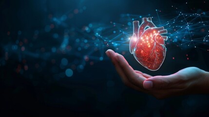 Hand holding virtual hologram heart shape with cardiogram 