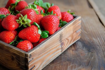 Fresh aromatic strawberries in a wooden box on a kitchen background rustic
