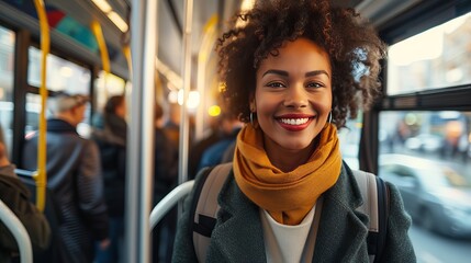 Happy african american businesswoman commuting by bus to reduce air pollution, going to work