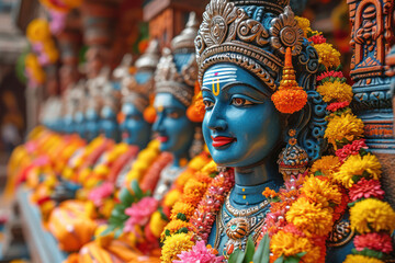 Happy Navrati Concept. Mythological Durga Idol Statue During Navrati Festival India extreme closeup. Generative AI - obrazy, fototapety, plakaty