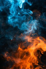 Visualize an artistic and deliberately blurred image featuring a black background adorned with wisps of orange and blue smoke. The intentional blurriness adds an abstract and dreamlike quality 