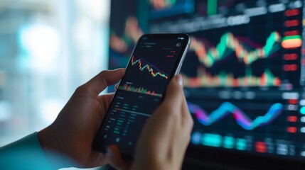 Crypto trader investor broker hand holding phone app executing financial stock trade market trading - obrazy, fototapety, plakaty