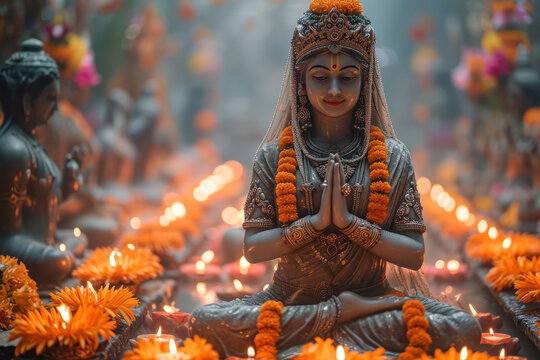 Happy Navrati Concept. Mythological Durga Idol Statue During Navrati Festival India extreme closeup. Generative AI