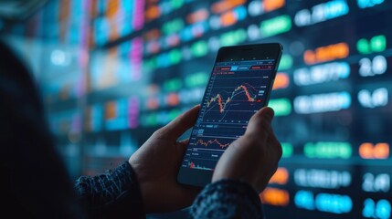 Crypto trader investor broker hand holding phone app executing financial stock trade market trading - obrazy, fototapety, plakaty