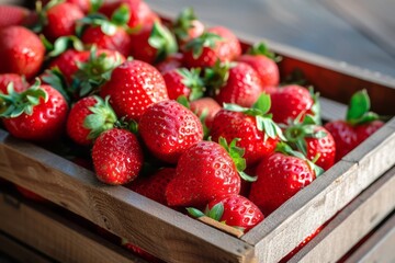 Fresh aromatic strawberries in a wooden box on a kitchen background rustic