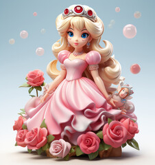 Fototapeta premium Cartoon Beautiful Cute Little Princess with Flowers in a Pink Dress extreme closeup. Generative AI