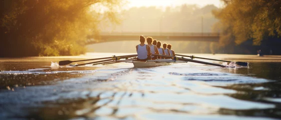 Foto op Canvas Backlit rowing team in perfect synchrony, gliding through tranquil waters at dawn © Ai Studio