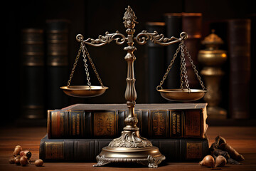 Antique Balance Law Scale with Books on a Table extreme closeup. Generative AI