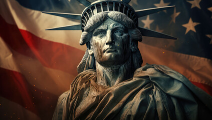 USA Independence Day Concept. Statue of Liberty in front of American Flag extreme closeup.