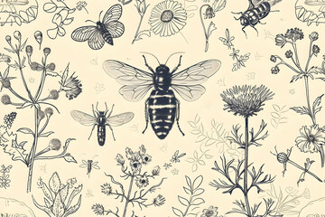 outline drawing, vintage illustration, entomology, with summer flowers, plants and bugs