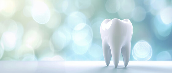 A pristine white tooth stands against a shimmering blue background, symbolizing dental health and care. - obrazy, fototapety, plakaty