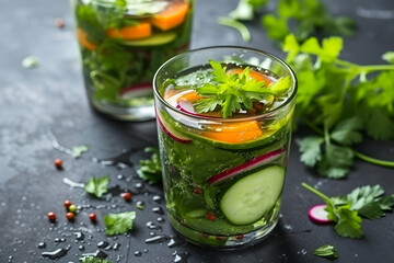 Meals as drinks. Hydrating Greens Elixir: Transformative Salad Infusion. Hydrating elixir, with crisp greens, colorful veggies, and a light vinaigrette blended into a refreshing and healthful drink.