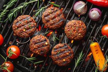 vegan meat for burgers cooking on barbeque pit,top view