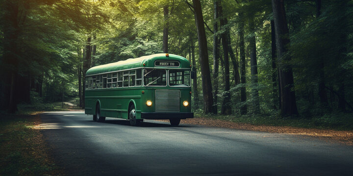 Green bus on forest road  .
