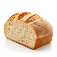 A classic white bread loaf with a golden crust, dusted with flour, isolated on white background.