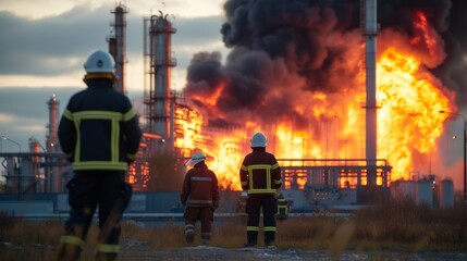 Powerful explosion at an industrial oil refinery with black smoke cloud, firefighters in action