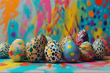 Easter eggs in vibrant colors with a colorful background.