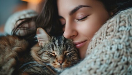 A peaceful moment captured as a woman rests with her eyes closed and a contented cat sleeping by her side, the soft fur and gentle whiskers adding to the warmth of the domestic scene