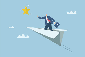 Motivation leads to success, Trying or creating hope for success in business and career, Businessman on a paper plane and reaching out to grab the stars. Vector design illustration.