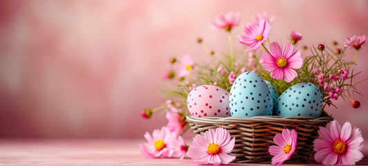 Obraz na płótnie Canvas Easter holiday celebration banner greeting card banner with easter eggs and flowers on a pink background