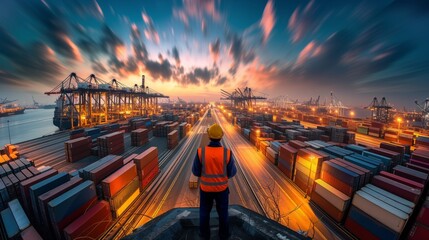 Industrial worker overlooks a bustling port at dusk, showcasing the dynamic movement of global trade, ideal for topics on commerce and industry