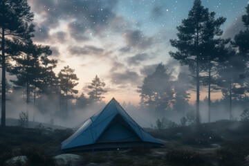 A blue tent in a pine forest surrounded by clouds and stars.