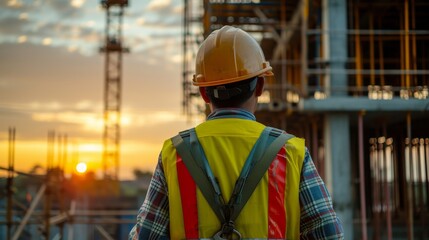 Construction engineers stand on new concrete floor top roof with crane in the background, at a construction site