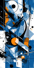 Abstract vertical artwork with a dynamic composition of geometric shapes, splatters, and lines in blue, black, and orange on a white background.