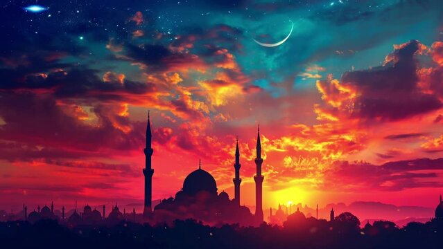 mosque is silhouetted against a fiery sunset, loop video background animation, cartoon anime style, for vtuber / streamer backdrop