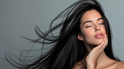 Beautiful female model with long, flowing black hair AI generated image