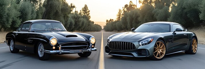 Old vs New. Classic and Modern Cars Side by Side - Powered by Adobe
