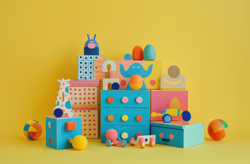 toys and toy boxes on a yellow background