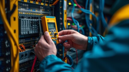 A technician's hands holding a multimeter in a server room, Electronic control panel - obrazy, fototapety, plakaty