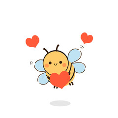 Happy valentine's day with cute bee cartoon and red heart on white background vector illustration.