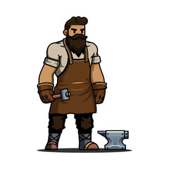 Illustration of a blacksmith character with a hammer and iron forging tools